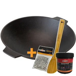 Støpejern wok med 2 håndtak 30 cm med pleiepakke - Grillfürst